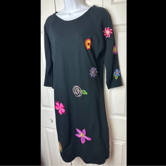 MICHAEL SIMON Lite Floral Embroidered Midi Dress Black Scoop Neck Pullover Pink - Picture 2 of 10